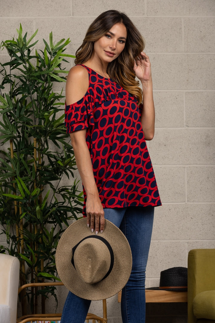 RED NAVY ROUND NECK COLD SHOULDER BLOUSE TOP B5632