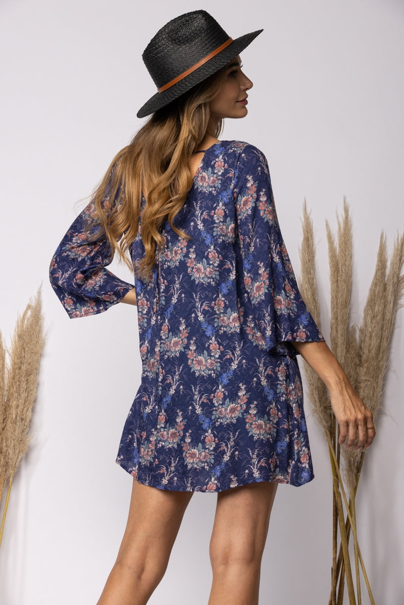 NAVY FLORAL PRINT SWING MINI DRESS-D35263