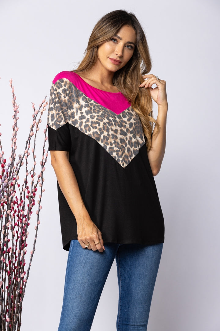 BLACK FUSCHIA CHEETA PRINT KNIT TOP ST1658-11