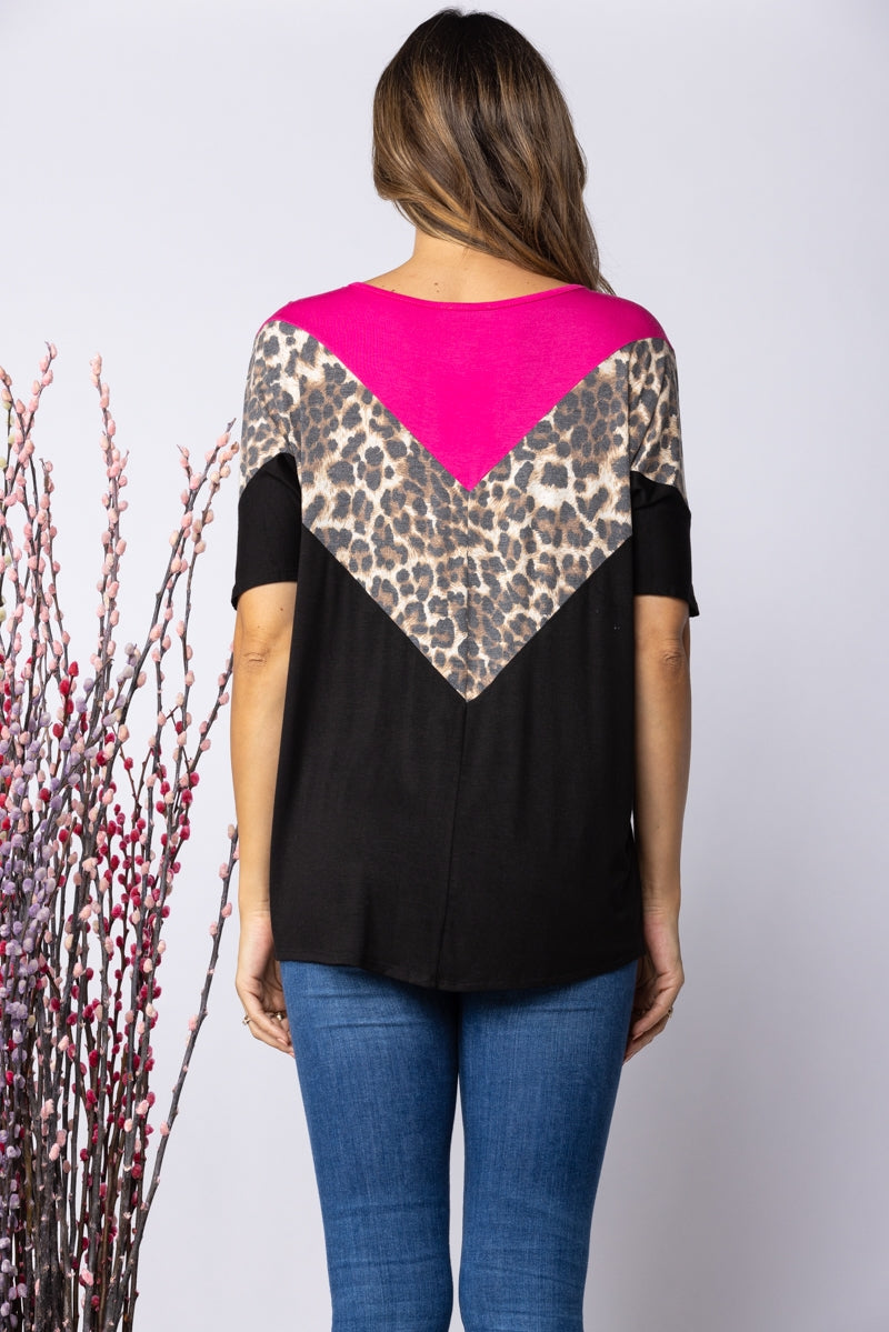 BLACK FUSCHIA CHEETA PRINT KNIT TOP ST1658-11