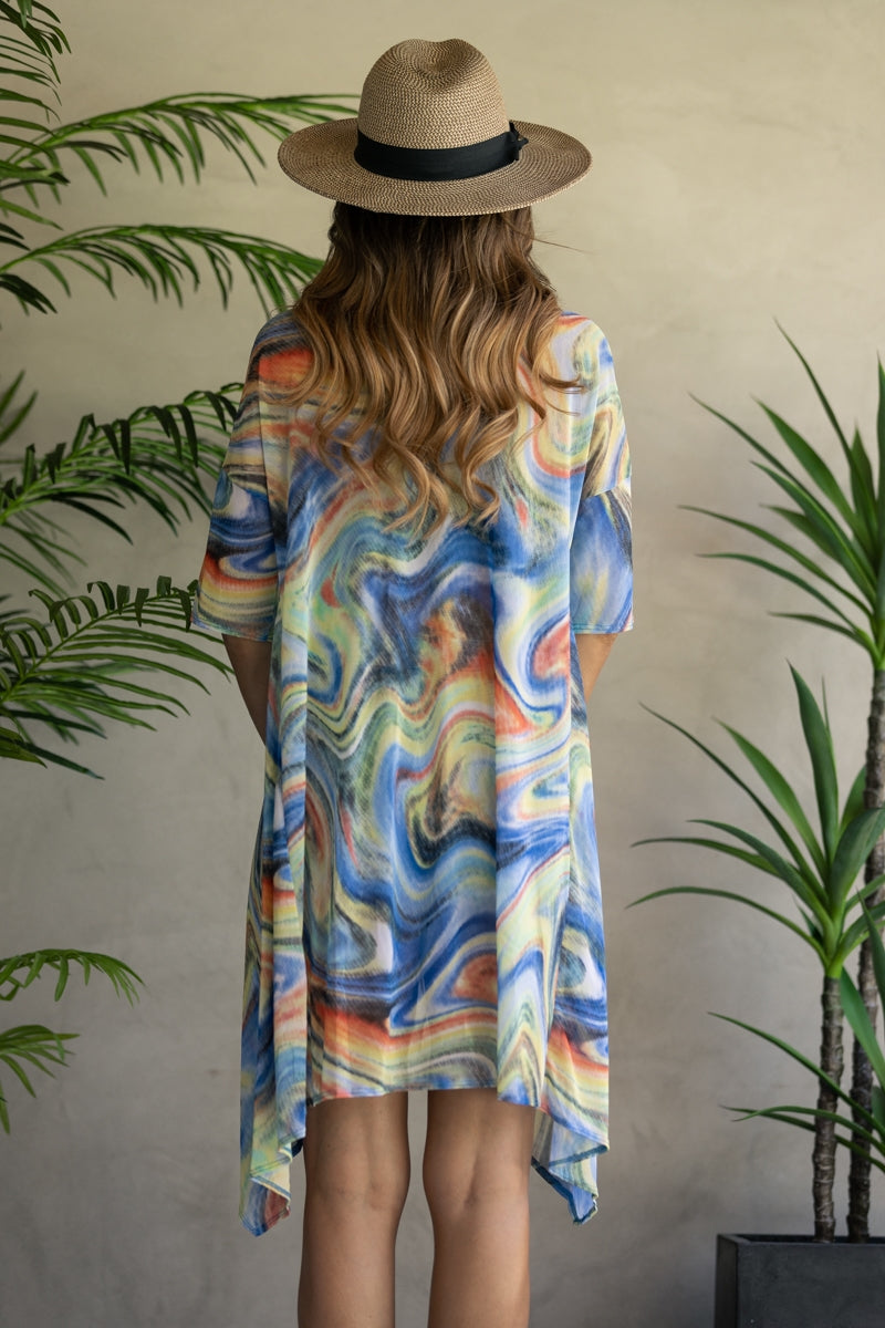 BLUE MULTICOLOR TIE DYE DRAPED OPEN FRONT CARDIGAN B5509