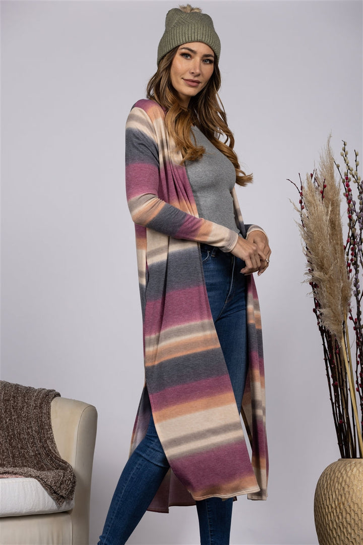 MUAVE STRIPED OPEN FRONT LONG CARDIGAN-JT8212PE