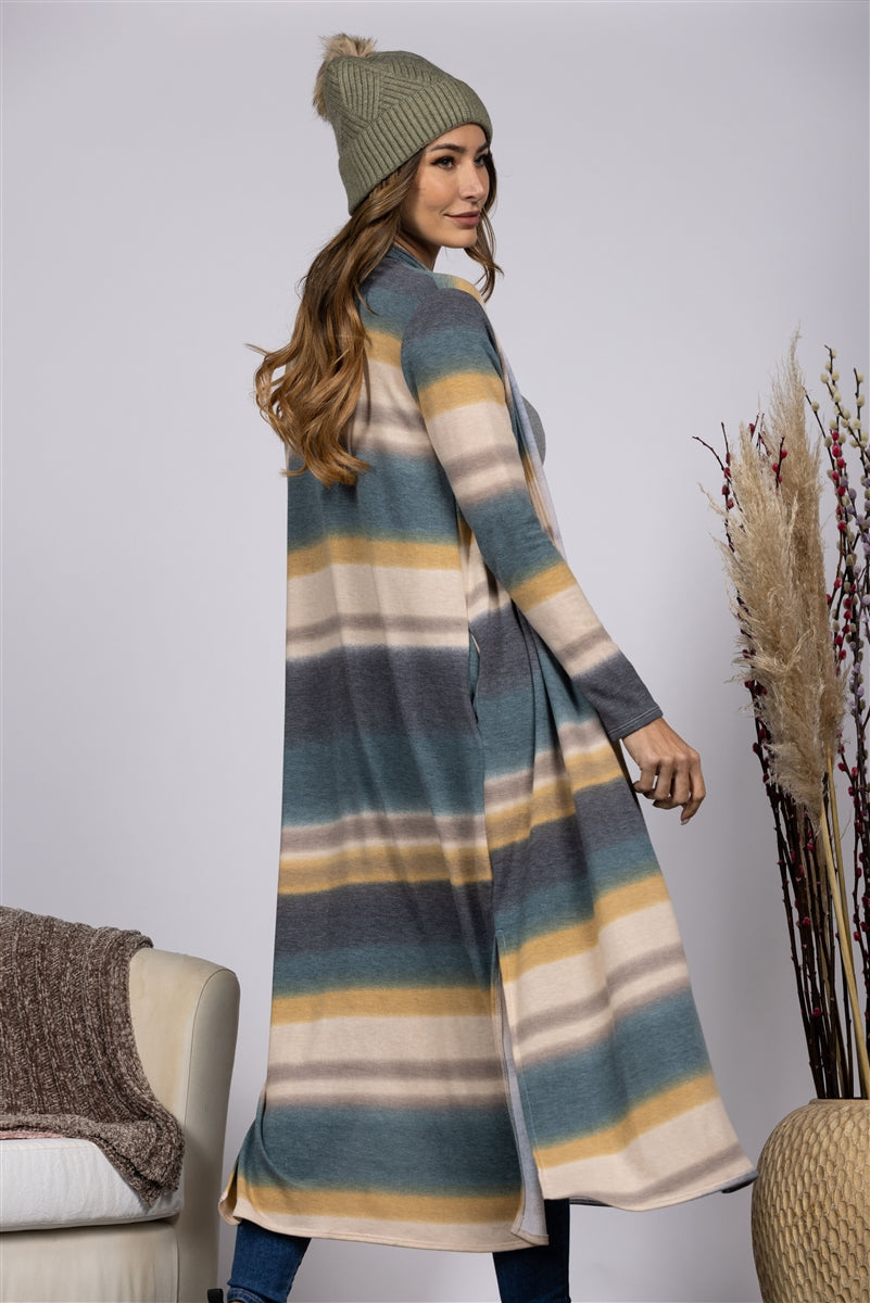 MUAVE STRIPED OPEN FRONT LONG CARDIGAN-JT8212PE