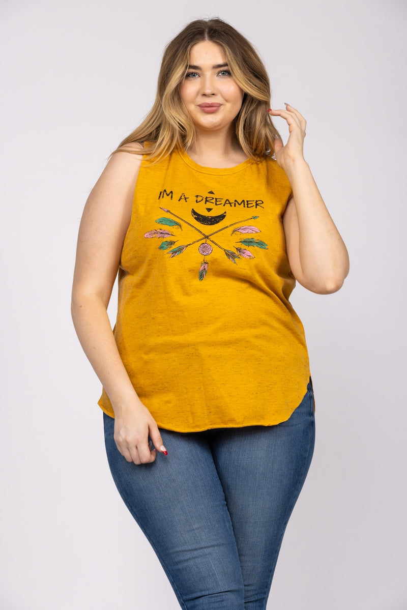 GOLD IM A DREAMER PRINT PLUS SIZE SLEEVELESS KNIT TOP-T3801