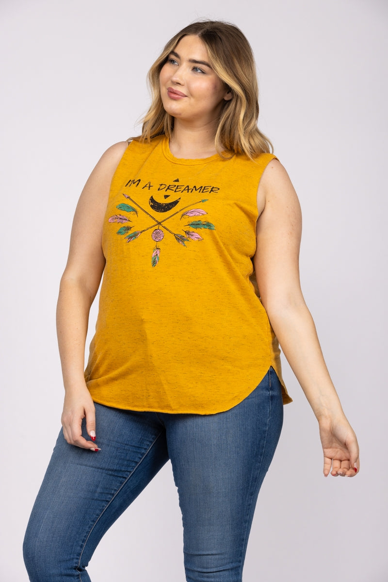 GOLD IM A DREAMER PRINT PLUS SIZE SLEEVELESS KNIT TOP-T3801