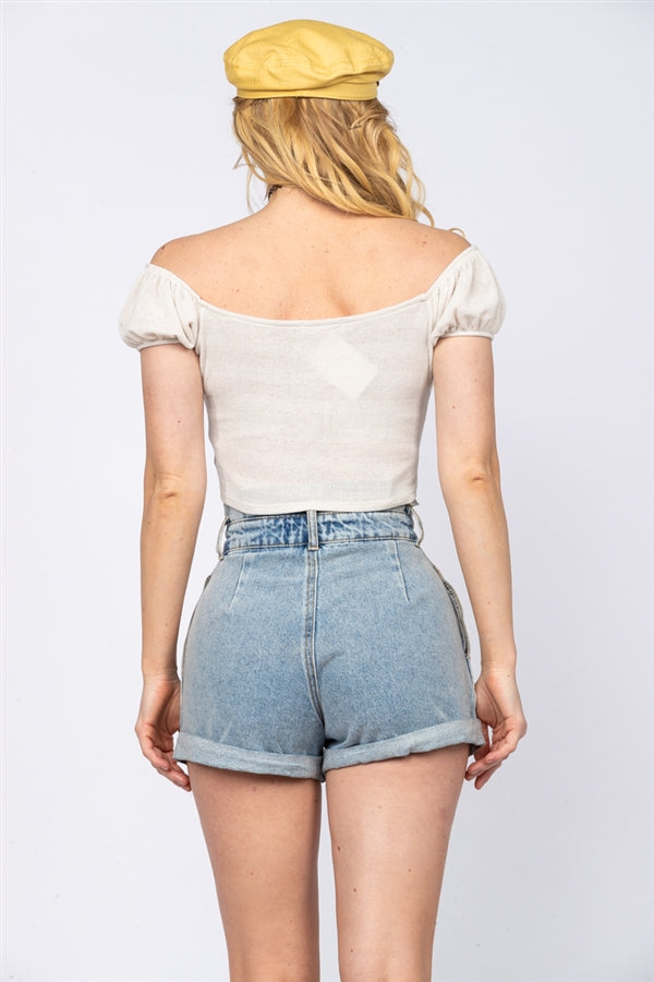 DUSTY GREY OFF SHOULDER RUCHED DRAWSTRING  CROP TOP-H7366