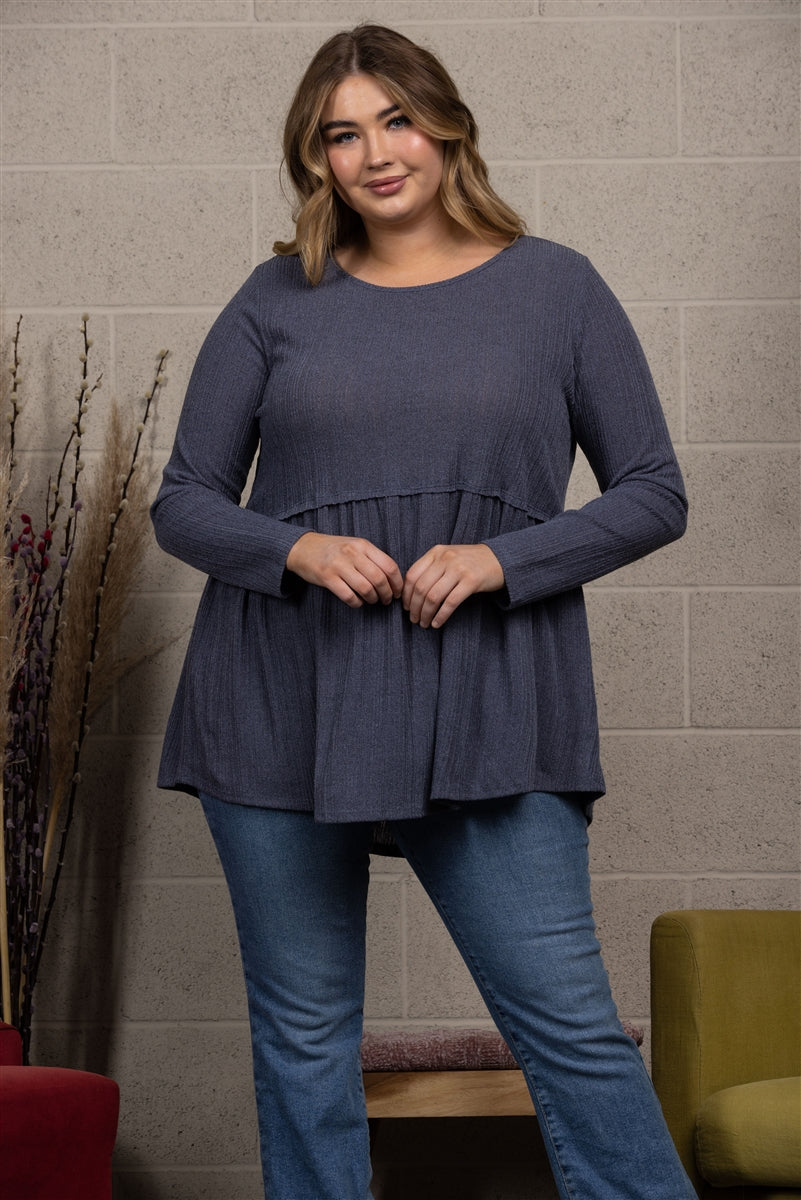 GREY BABYDOLL KNIT PLUS SIZE TOP -T8336PLC