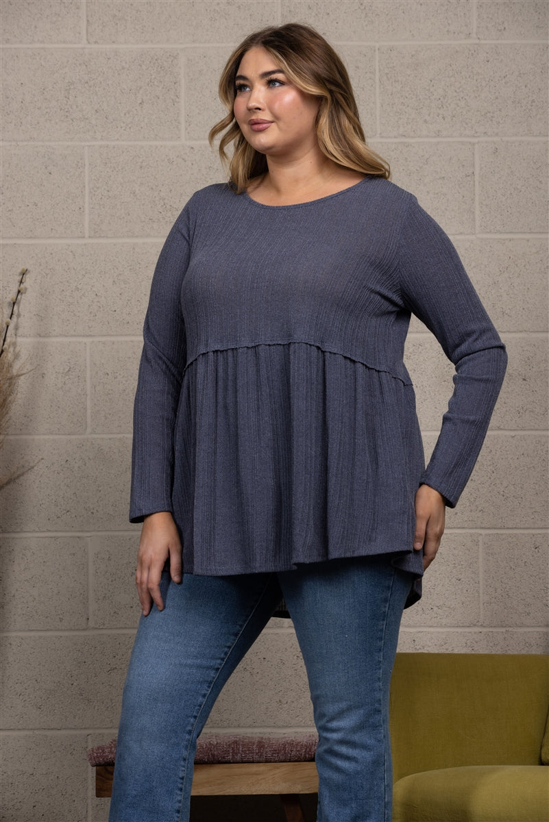 GREY BABYDOLL KNIT PLUS SIZE TOP -T8336PLC