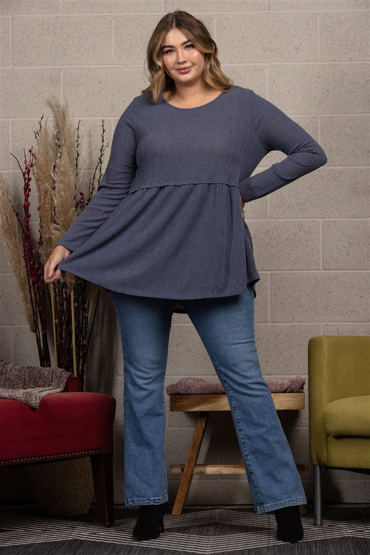 GREY BABYDOLL KNIT PLUS SIZE TOP -T8336PLC