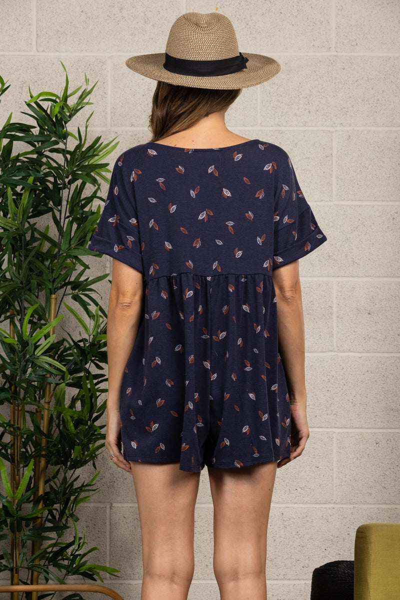 BLUE LEAF PRINT V NECK CRISS CROSS ROMPER-BJ6877PB