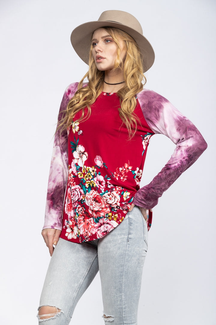 FLORAL PRINT TIE DYE CONTRAST TOP