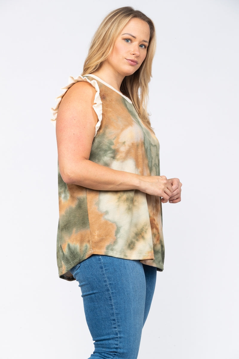 FOREST GREEN DIJON TIE DYE THERMAL WAFFLE KNIT PLUS SIZE TOP-PTT3040P