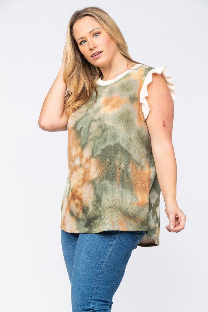 FOREST GREEN DIJON TIE DYE THERMAL WAFFLE KNIT PLUS SIZE TOP-PTT3040P