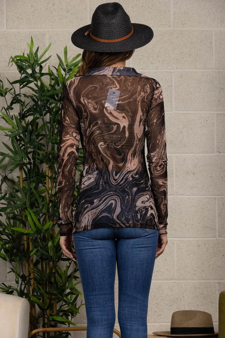 DARK BROWN MARBLE PRINT SHEER COVER-UP-T7355