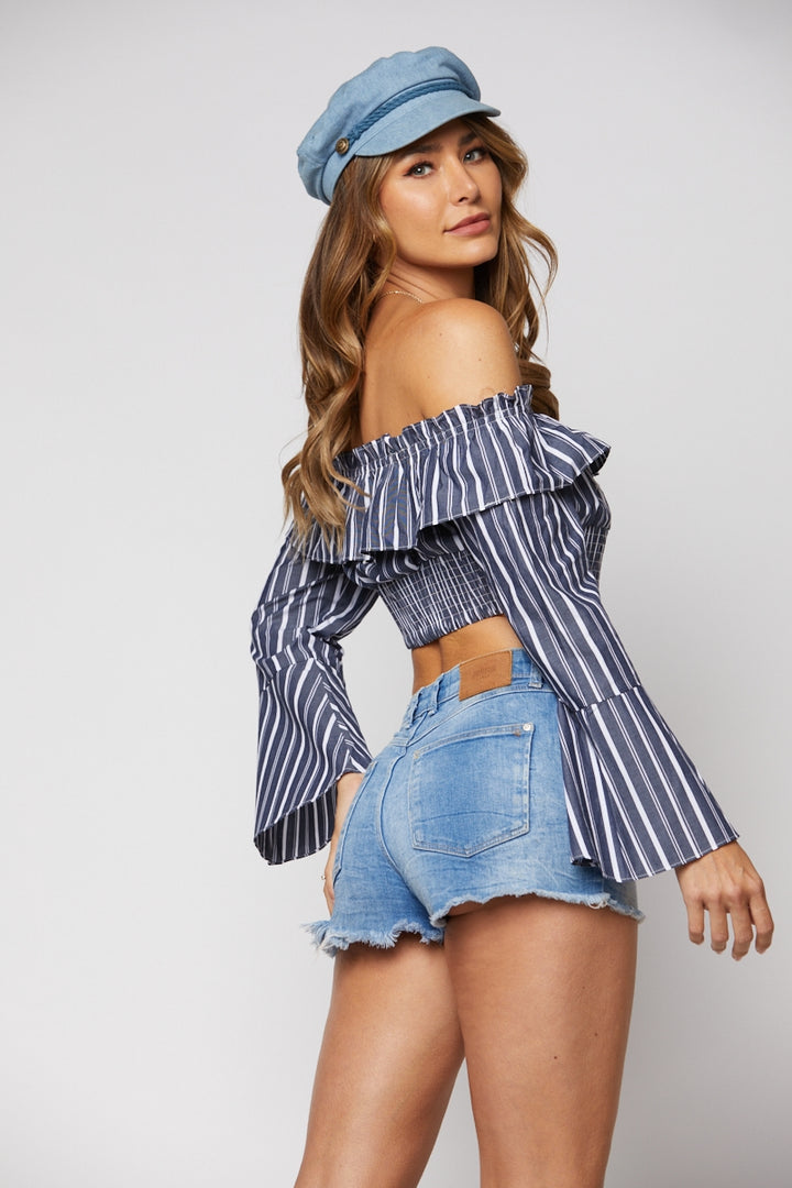 BLACK DUSTY CROPPED OFF THE SHOULDER STRIPE BLOUSE-MTP7081