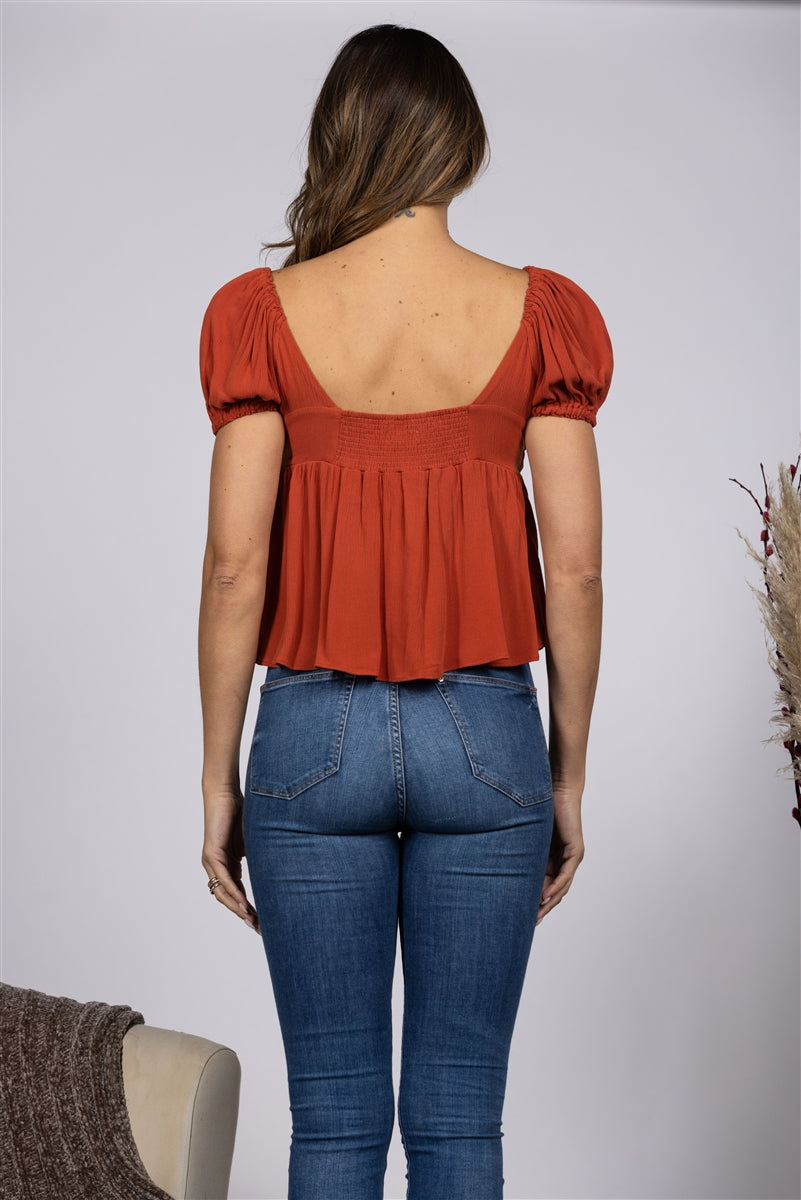 RUFFLED PLUGING SHORT PUFF SLEEVE TOP T7434