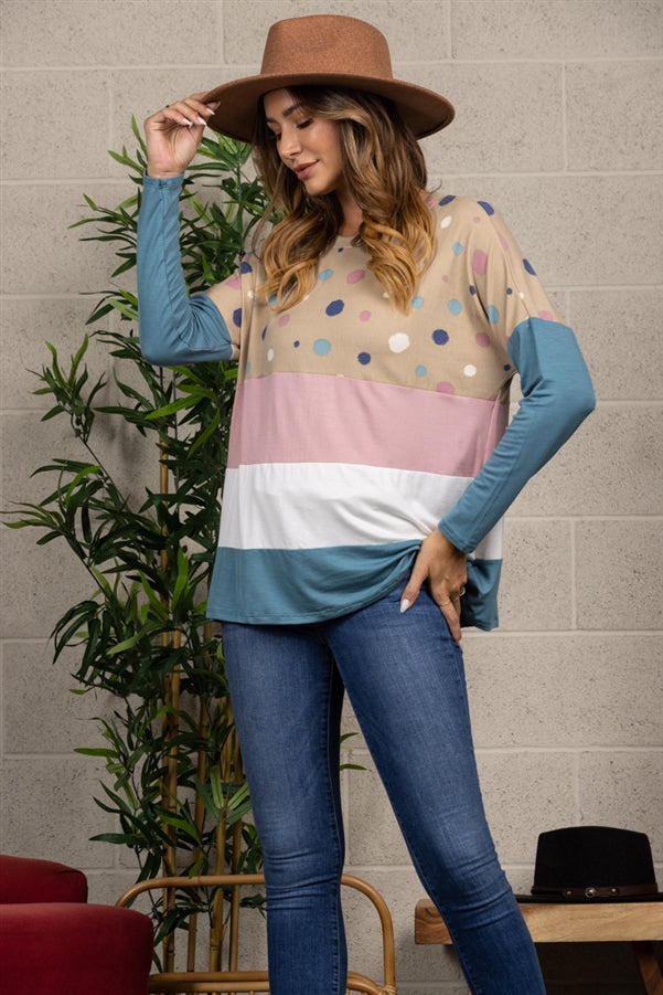 TAUPE POLKADOT CONTRAST LONG SLEEVE TOP-CT33698