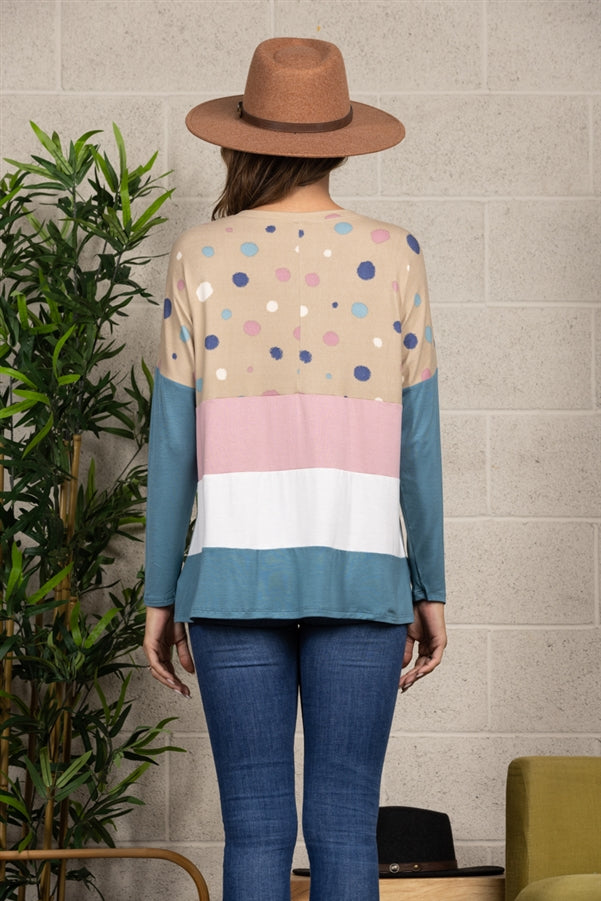 TAUPE POLKADOT CONTRAST LONG SLEEVE TOP-CT33698