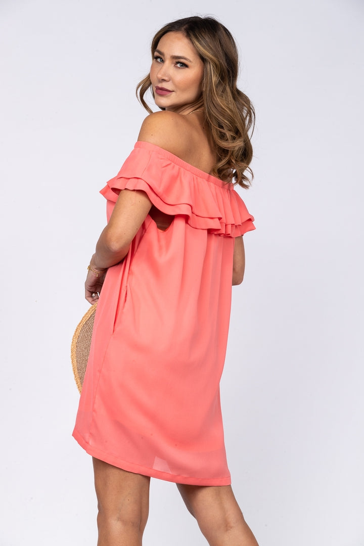 BRILLIANT CORAL RUFFLE OFF SHOULDERS WOVEN MINI DRESS  D1097