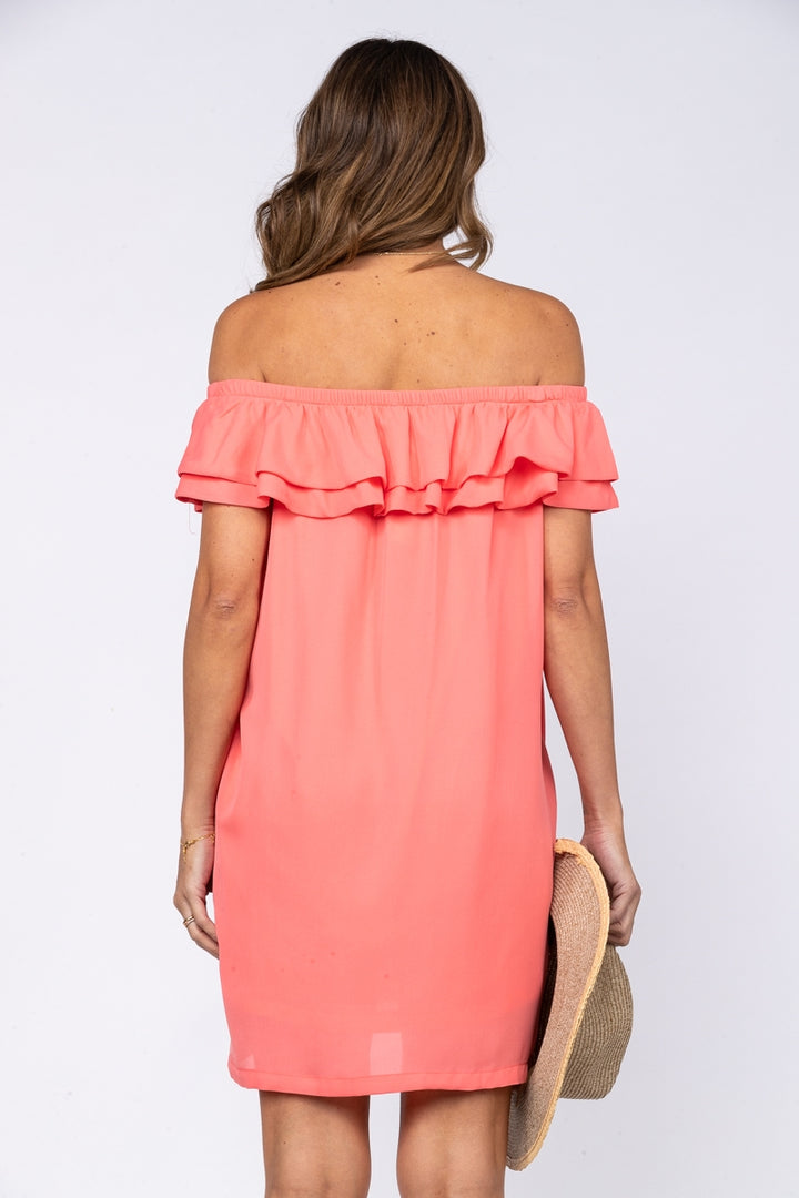 BRILLIANT CORAL RUFFLE OFF SHOULDERS WOVEN MINI DRESS  D1097