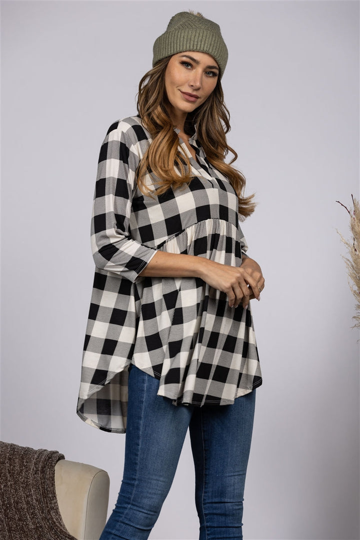 PLAID PRINT PEASANT STYLE BLOUSON TOP ST1434-18