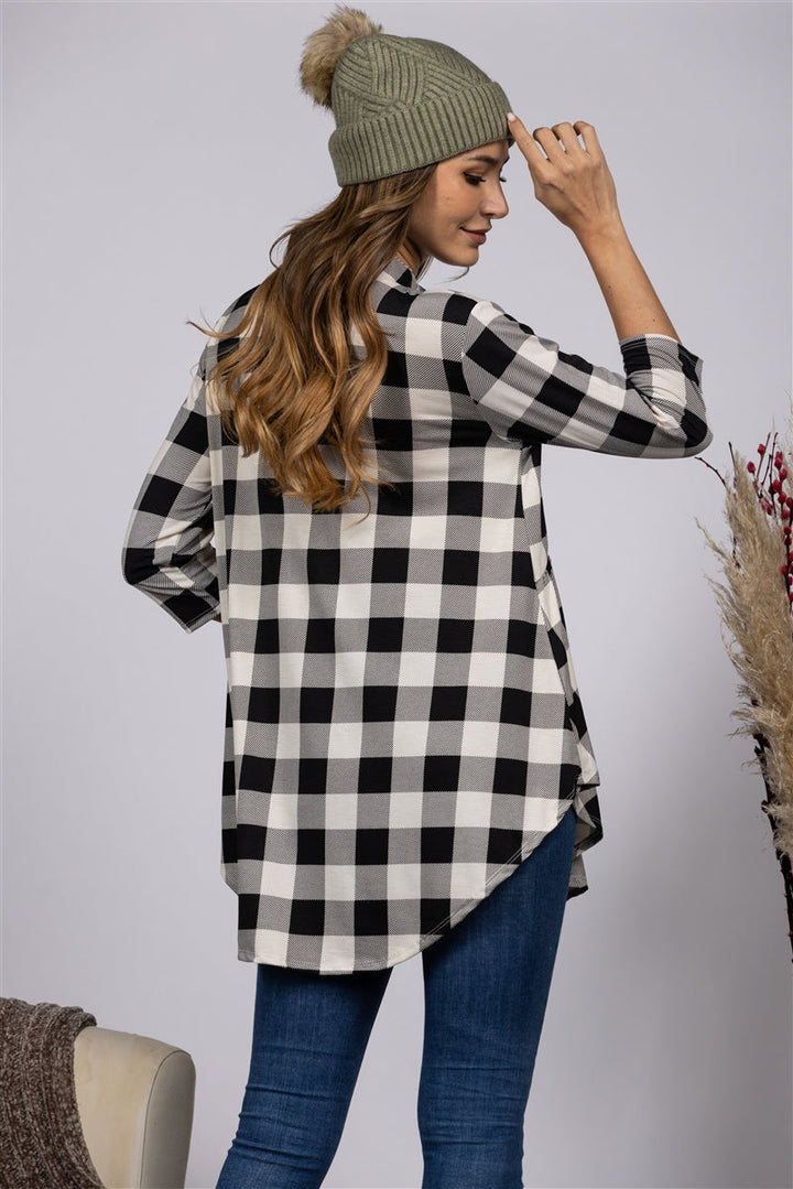 PLAID PRINT PEASANT STYLE BLOUSON TOP ST1434-18