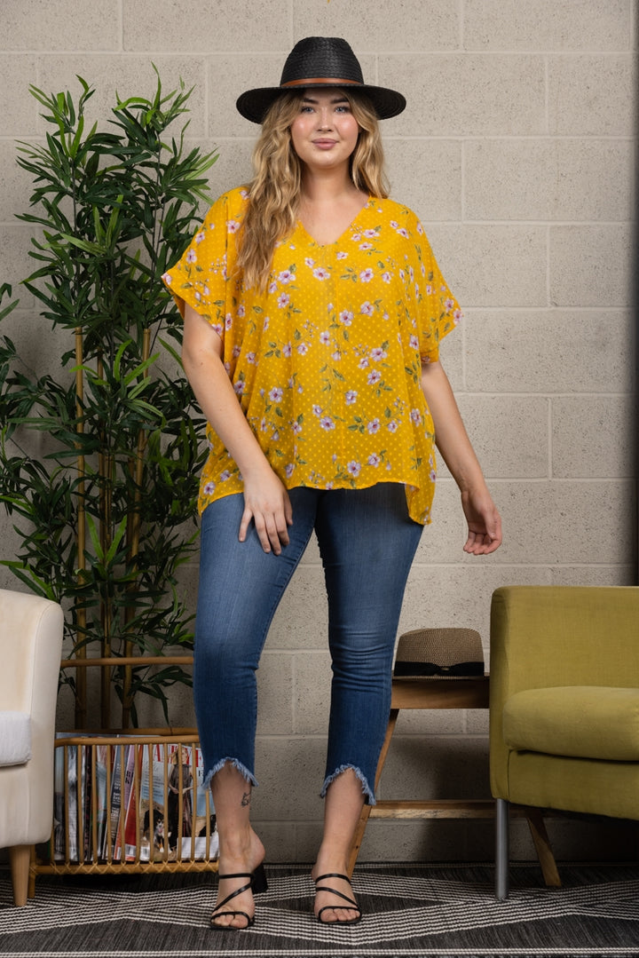 YELLOW FLORAL PRINT PLUS SIZE COVER-UP TOP T7436X