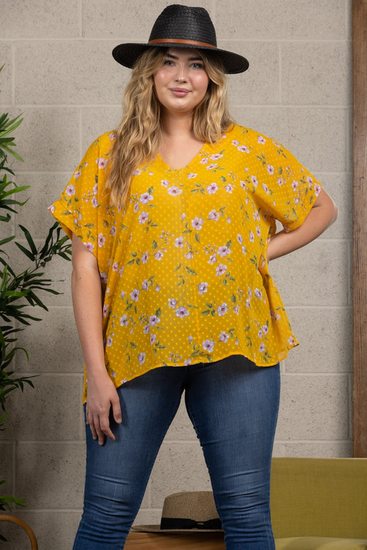 YELLOW FLORAL PRINT PLUS SIZE COVER-UP TOP T7436X