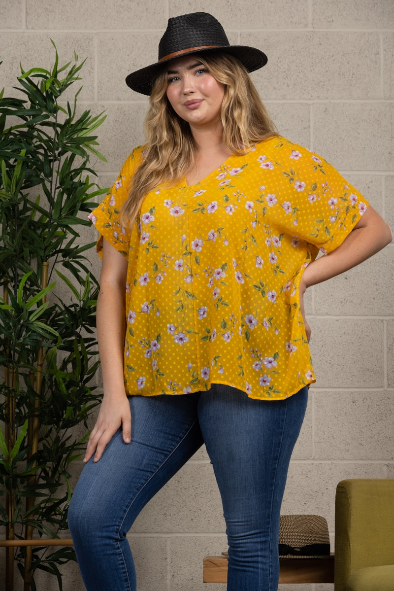 YELLOW FLORAL PRINT PLUS SIZE COVER-UP TOP T7436X