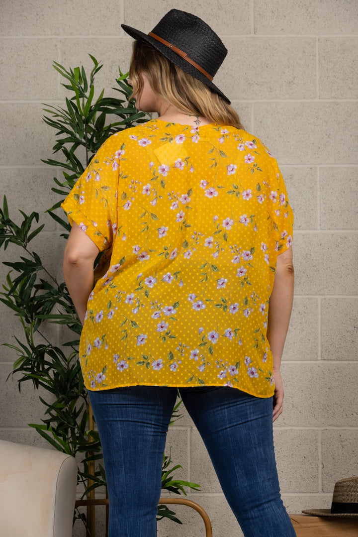 YELLOW FLORAL PRINT PLUS SIZE COVER-UP TOP T7436X