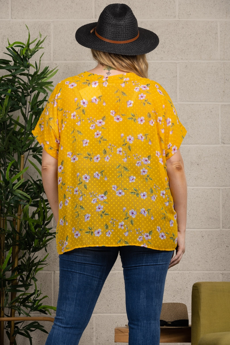 YELLOW FLORAL PRINT PLUS SIZE COVER-UP TOP T7436X