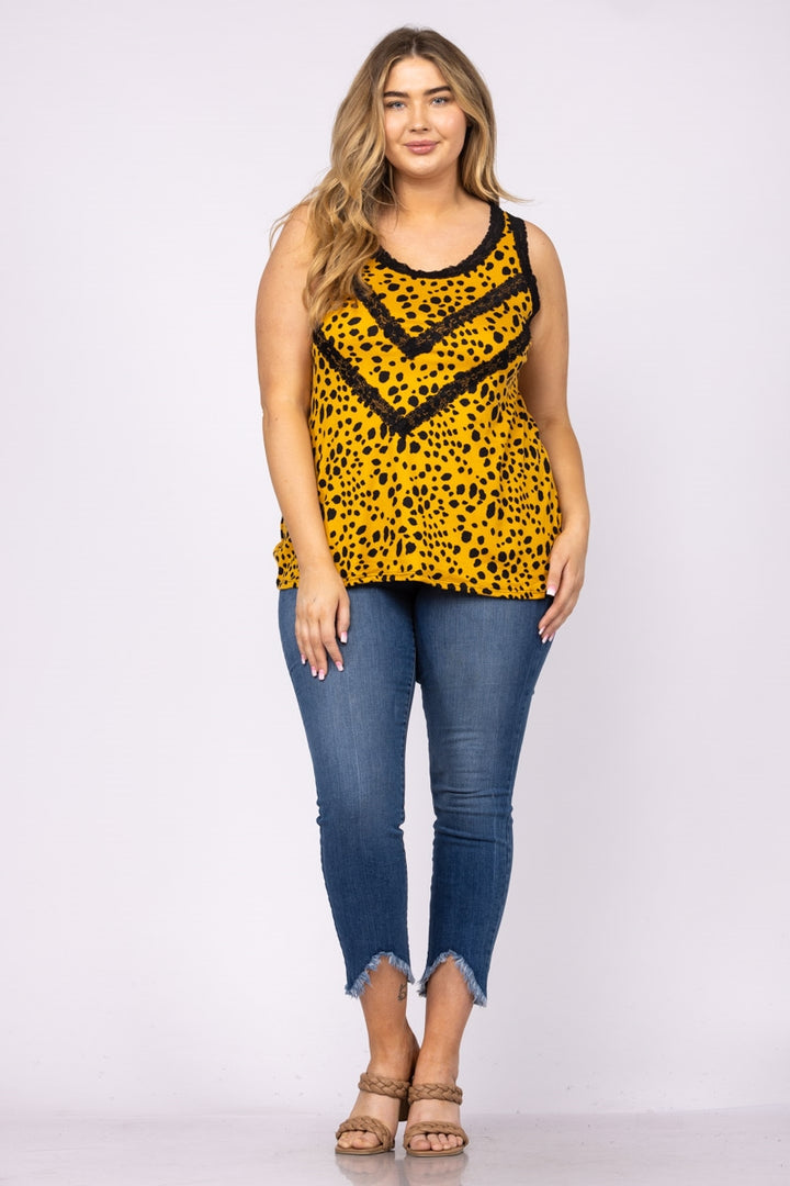 MUSTARD LACE SLEEVELESS ANIMAL PRINT PLUS SIZE TOP-T6677X