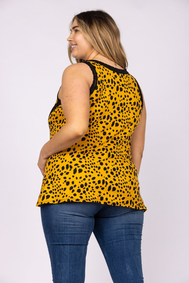 MUSTARD LACE SLEEVELESS ANIMAL PRINT PLUS SIZE TOP-T6677X