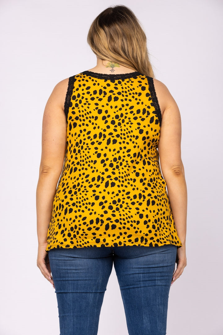 MUSTARD LACE SLEEVELESS ANIMAL PRINT PLUS SIZE TOP-T6677X