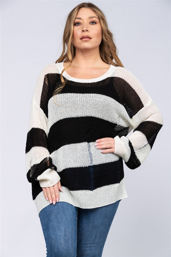 RED STRIPE TEARED KNIT PULLOVER PLUS SIZE SWEATER TOP-ST1114P