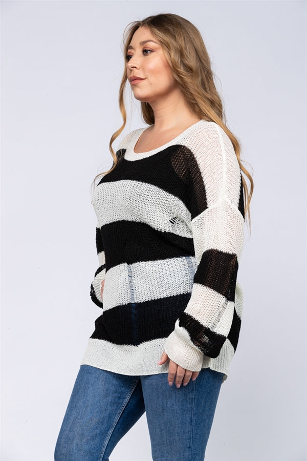 RED STRIPE TEARED KNIT PULLOVER PLUS SIZE SWEATER TOP-ST1114P