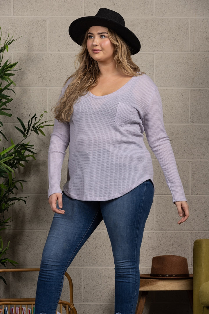 HEATHER LILAC WAFFLE THERMAL KNIT PLUS SIZE TOP-T6948