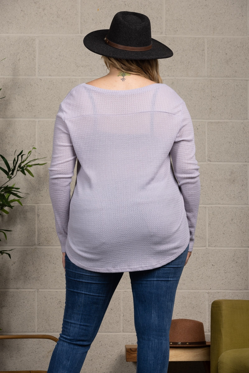 HEATHER LILAC WAFFLE THERMAL KNIT PLUS SIZE TOP-T6948