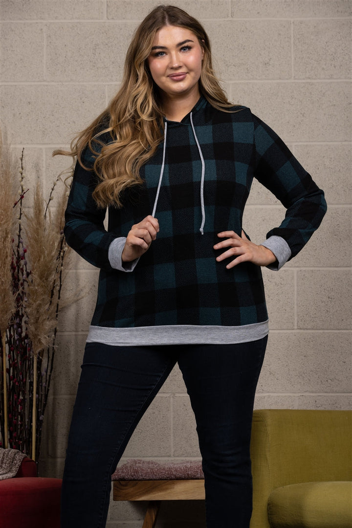 RED PLAID DRAWSTRING HOODIE  PLUS SIZE TOP-ST1850