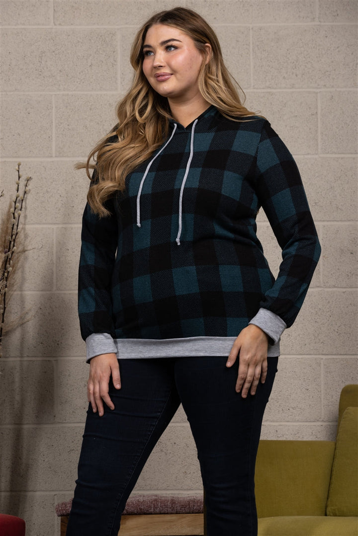 RED PLAID DRAWSTRING HOODIE  PLUS SIZE TOP-ST1850