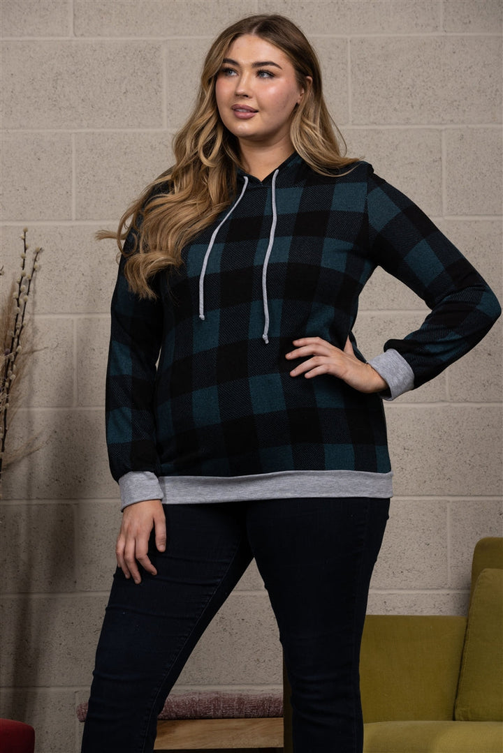 RED PLAID DRAWSTRING HOODIE  PLUS SIZE TOP-ST1850