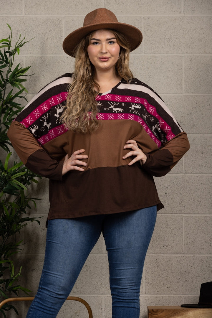 REINDEERS PRINT HICKORY BROWN CONTRAST KNIT TOP PLUS SIZE B5590X-C (1/1XL,2/2XL,2/3XL)