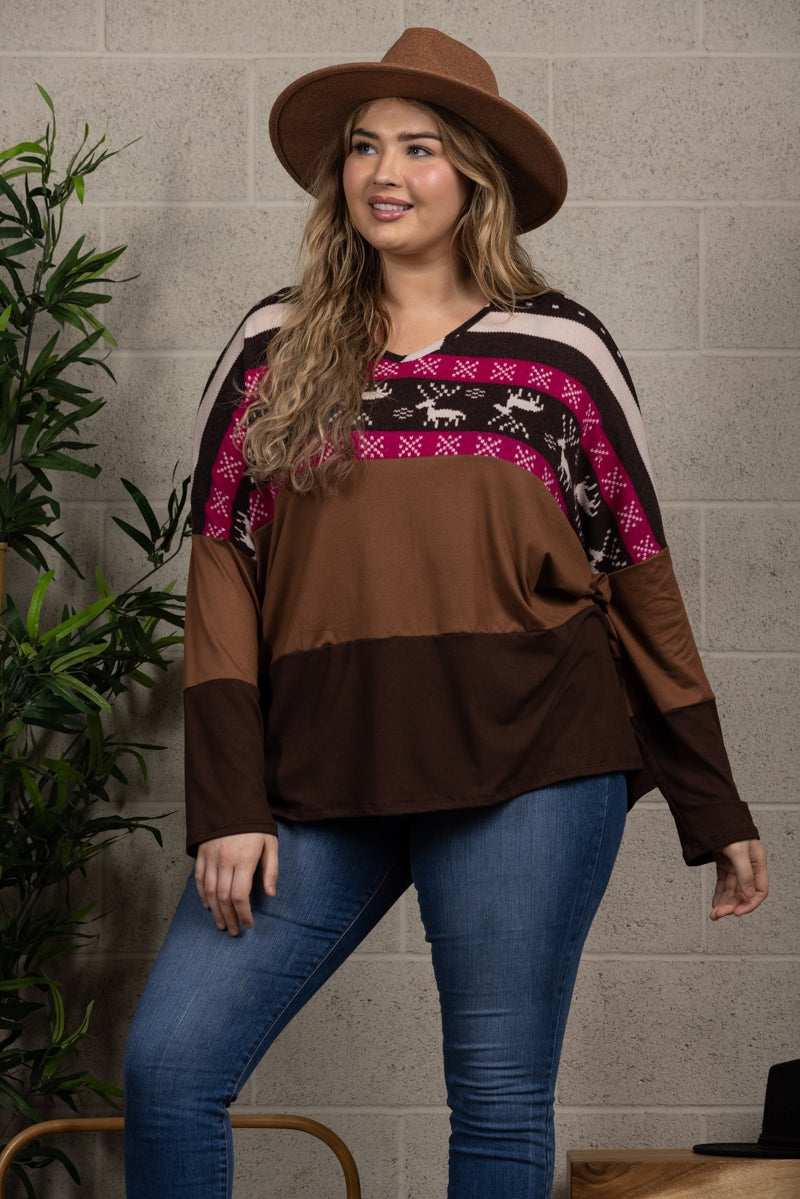 REINDEERS PRINT HICKORY BROWN CONTRAST KNIT TOP PLUS SIZE B5590X-C (1/1XL,2/2XL,2/3XL)