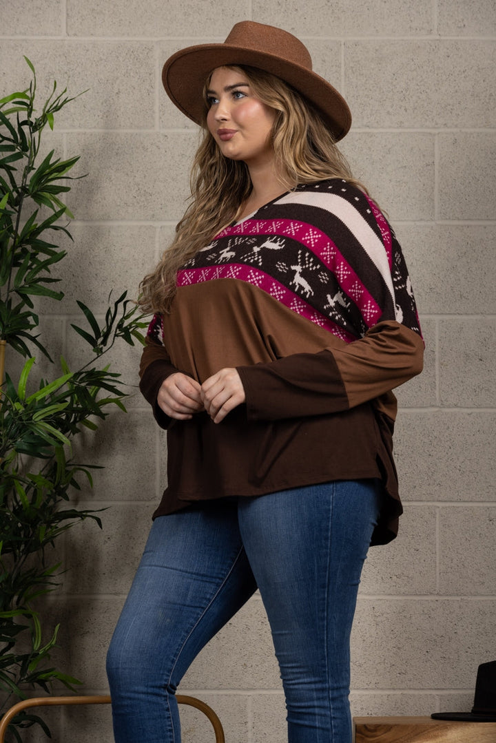 REINDEERS PRINT HICKORY BROWN CONTRAST KNIT TOP PLUS SIZE B5590X-C (1/1XL,2/2XL,2/3XL)