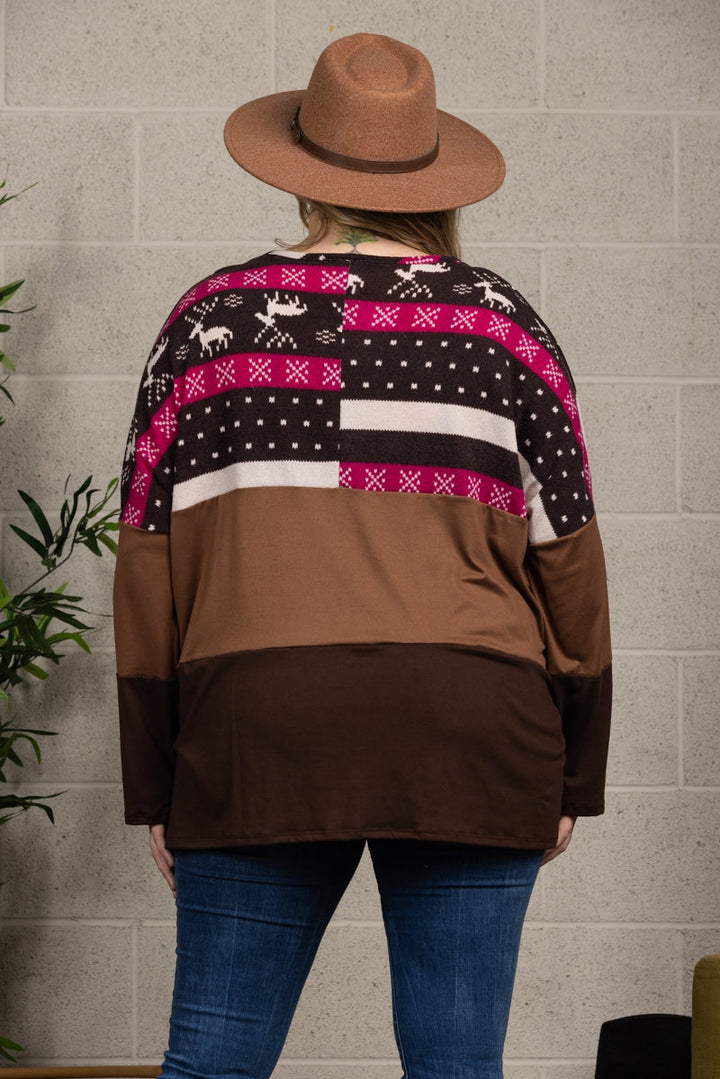 REINDEERS PRINT HICKORY BROWN CONTRAST KNIT TOP PLUS SIZE B5590X-C (1/1XL,2/2XL,2/3XL)