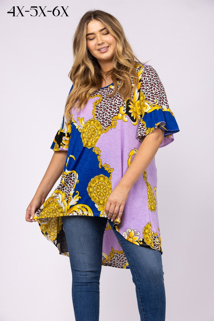 GOLD & PURPLE MULTI PRINT LONG BACK PLUS SIZE TUNIC TOP-4T1989X