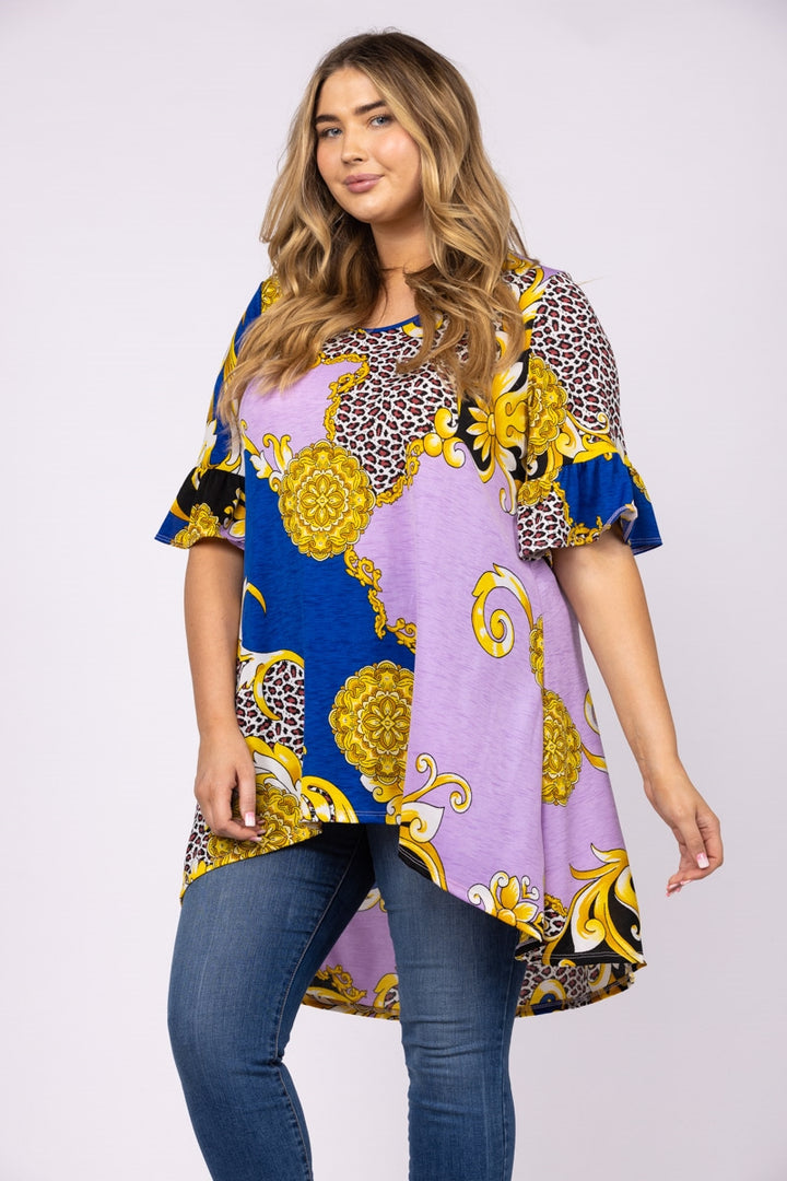 GOLD & PURPLE MULTI PRINT LONG BACK PLUS SIZE TUNIC TOP-4T1989X