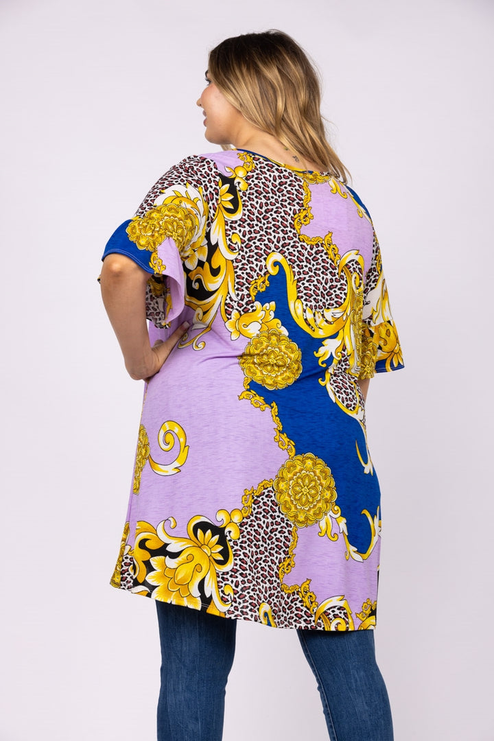 GOLD & PURPLE MULTI PRINT LONG BACK PLUS SIZE TUNIC TOP-4T1989X