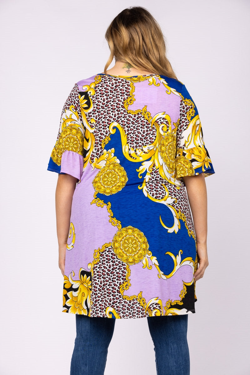 GOLD & PURPLE MULTI PRINT LONG BACK PLUS SIZE TUNIC TOP-4T1989X