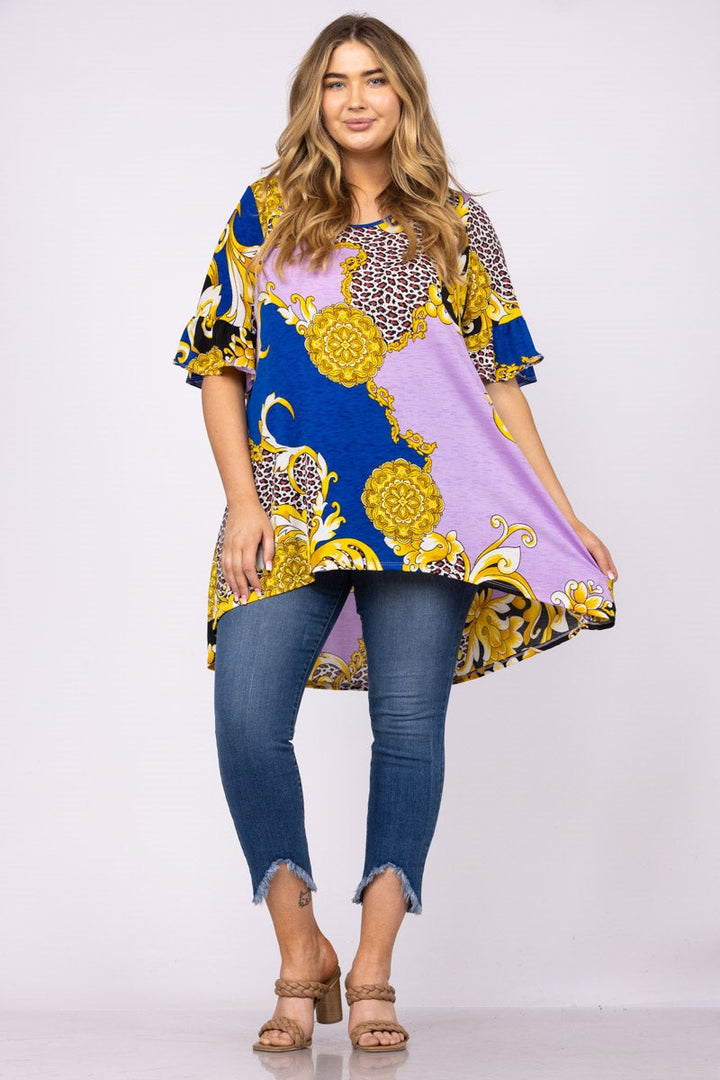 GOLD & PURPLE MULTI PRINT LONG BACK PLUS SIZE TUNIC TOP-4T1989X